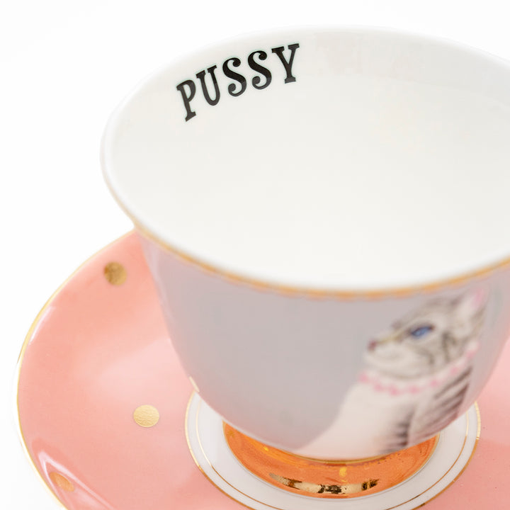 Tazza tè PUSSY gatto con piattino in porcellana fine