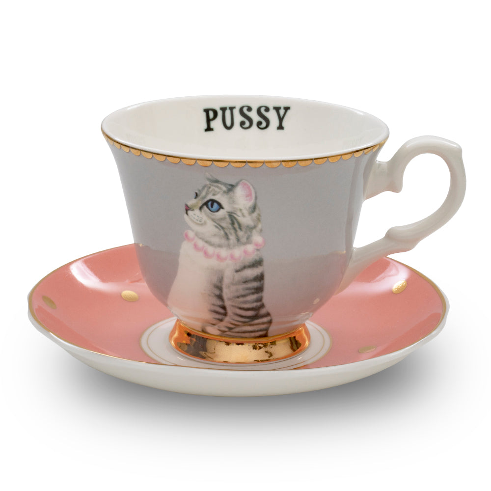 Tazza tè PUSSY gatto con piattino in porcellana fine