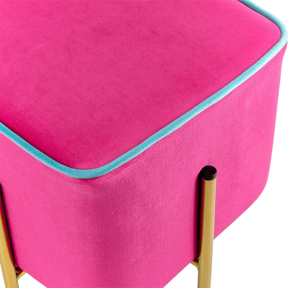 Pouf quadrato velluto fuxia bordo turchese zampe oro