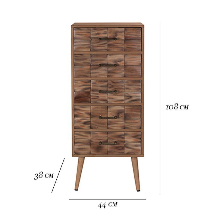 Cassettiera RETTANGOLI 5 cassetti in Legno Naturale e Maniglie in Ottone.